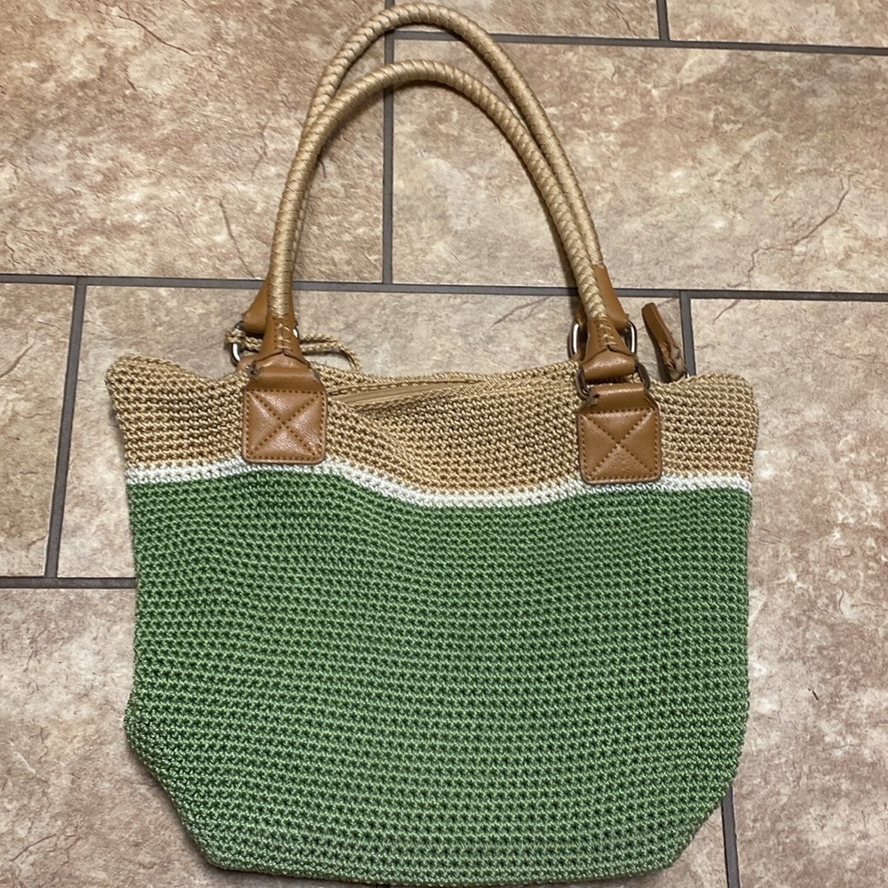 The Sak Shoulder/Tote Bag Green, tan, white Macrame Beach Shopping